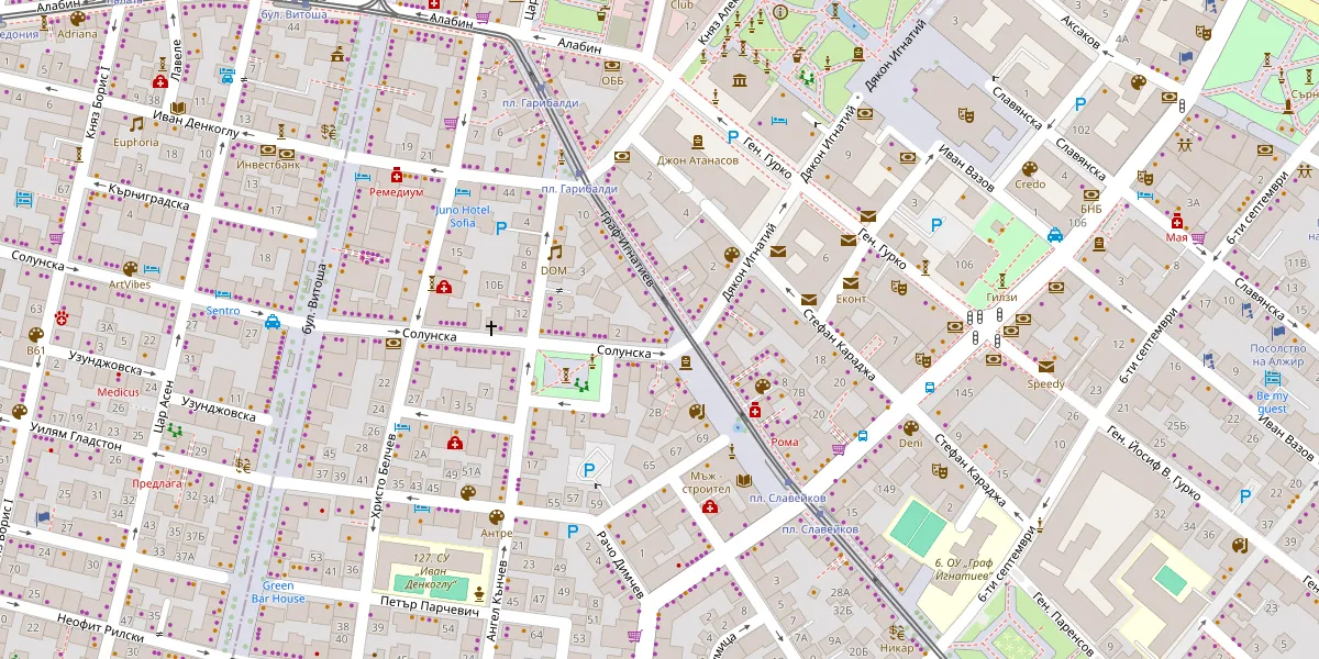 Map of central Sofia with the Cargofort office marked at 11 Petko R. Slaveykov Sq., Fl. 7, 1000 Sofia, Bulgaria